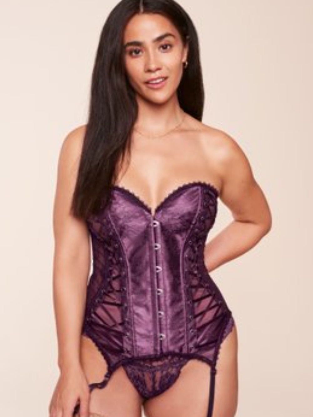 Adore Me Plum Satin Lace Strapless Corset with Garter Details